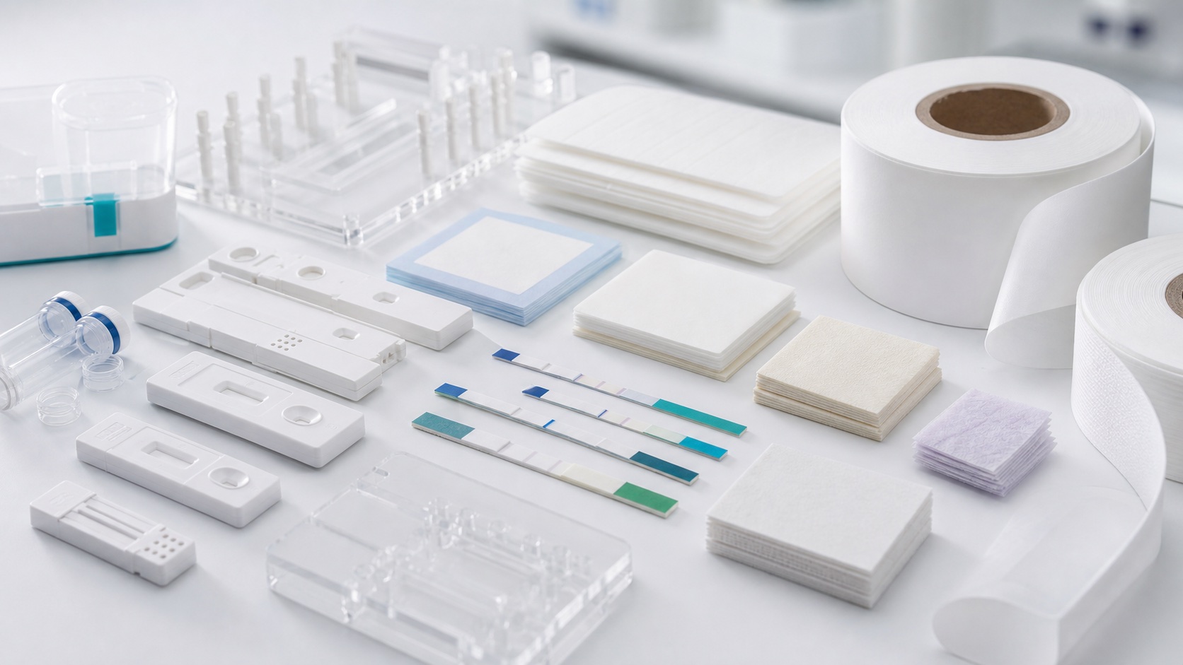 Vendor-neutral diagnostic consumables, rapid test housings, pads, membranes, and assay materials