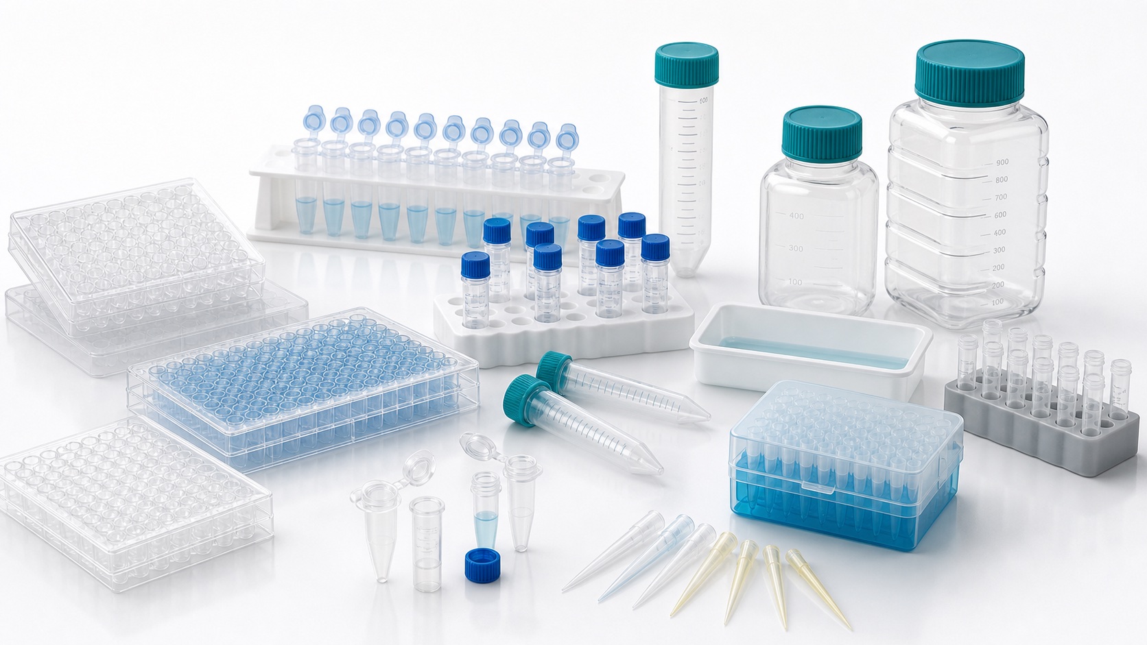 Vendor-neutral lab plastics including plates, tubes, vials, reservoirs, bottles, and pipette tips