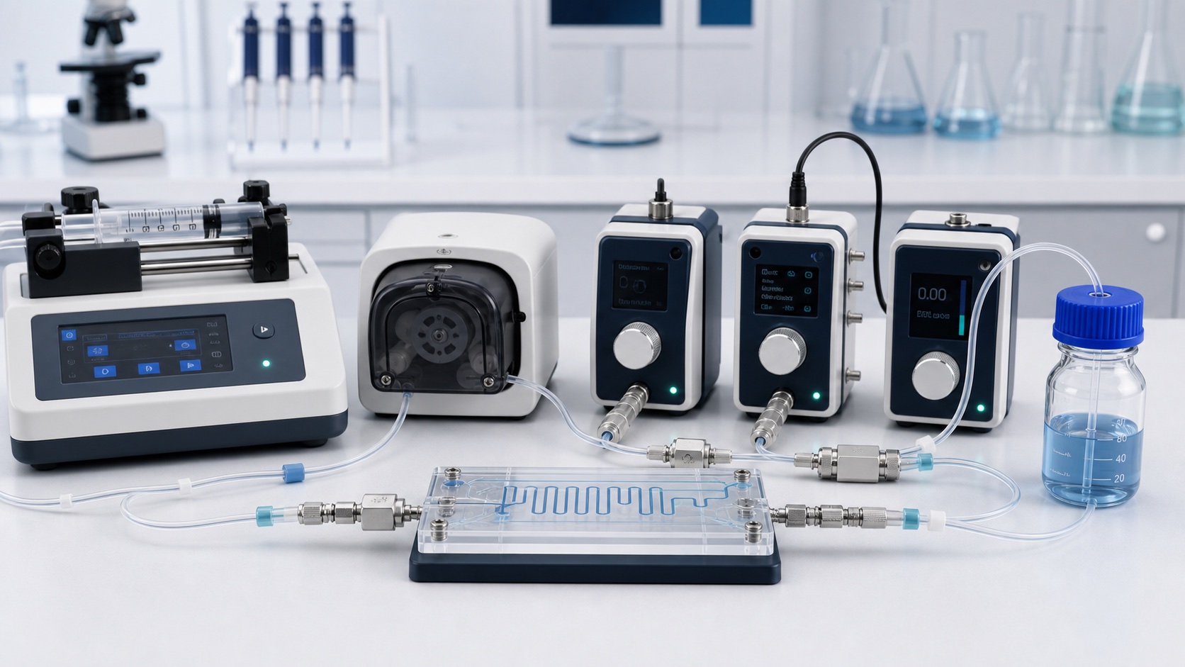 Pumps and flow control arranged for research system planning