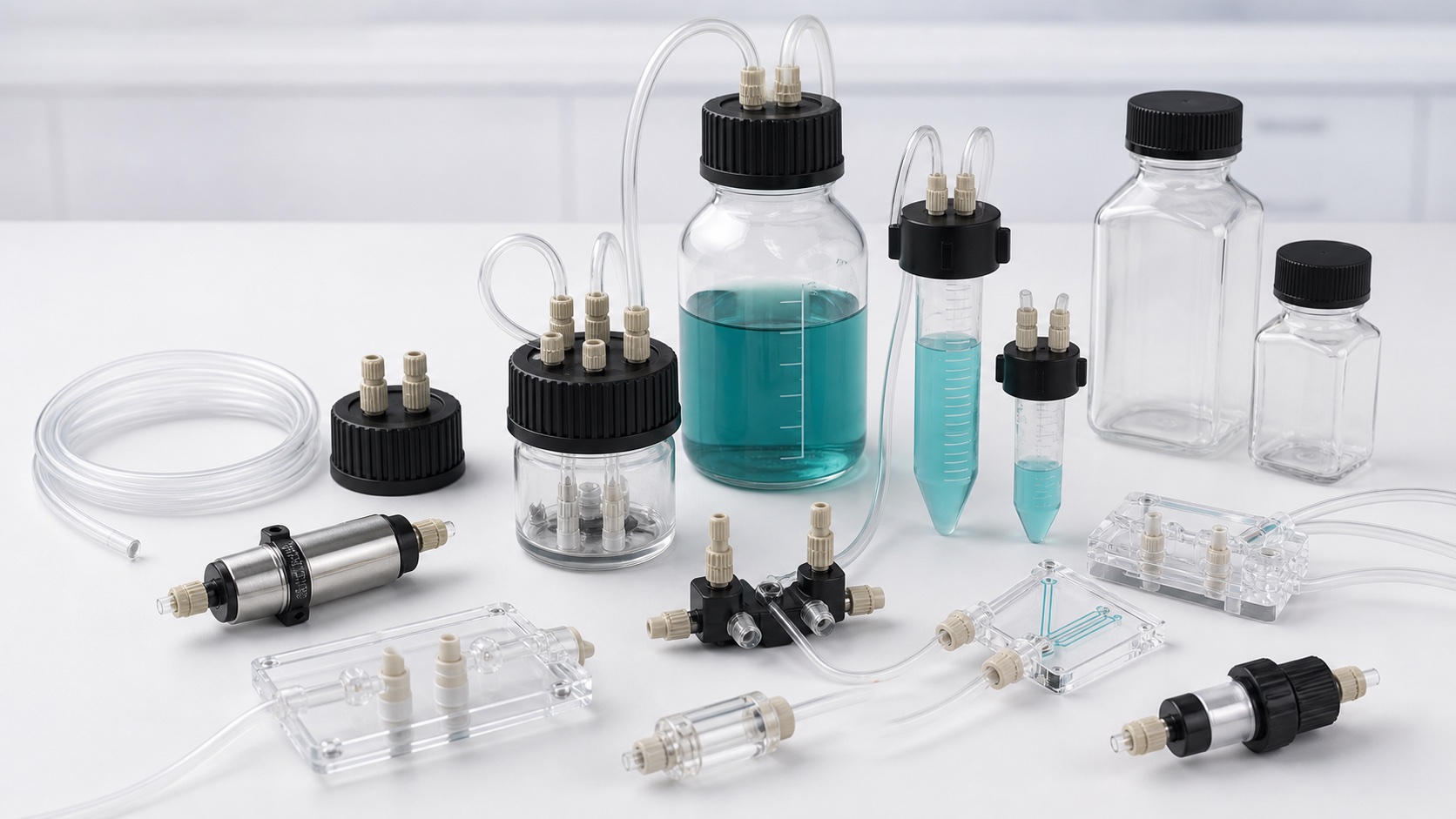 Vendor-neutral microfluidic reservoirs, bottle caps, adapters, and fluidic accessories