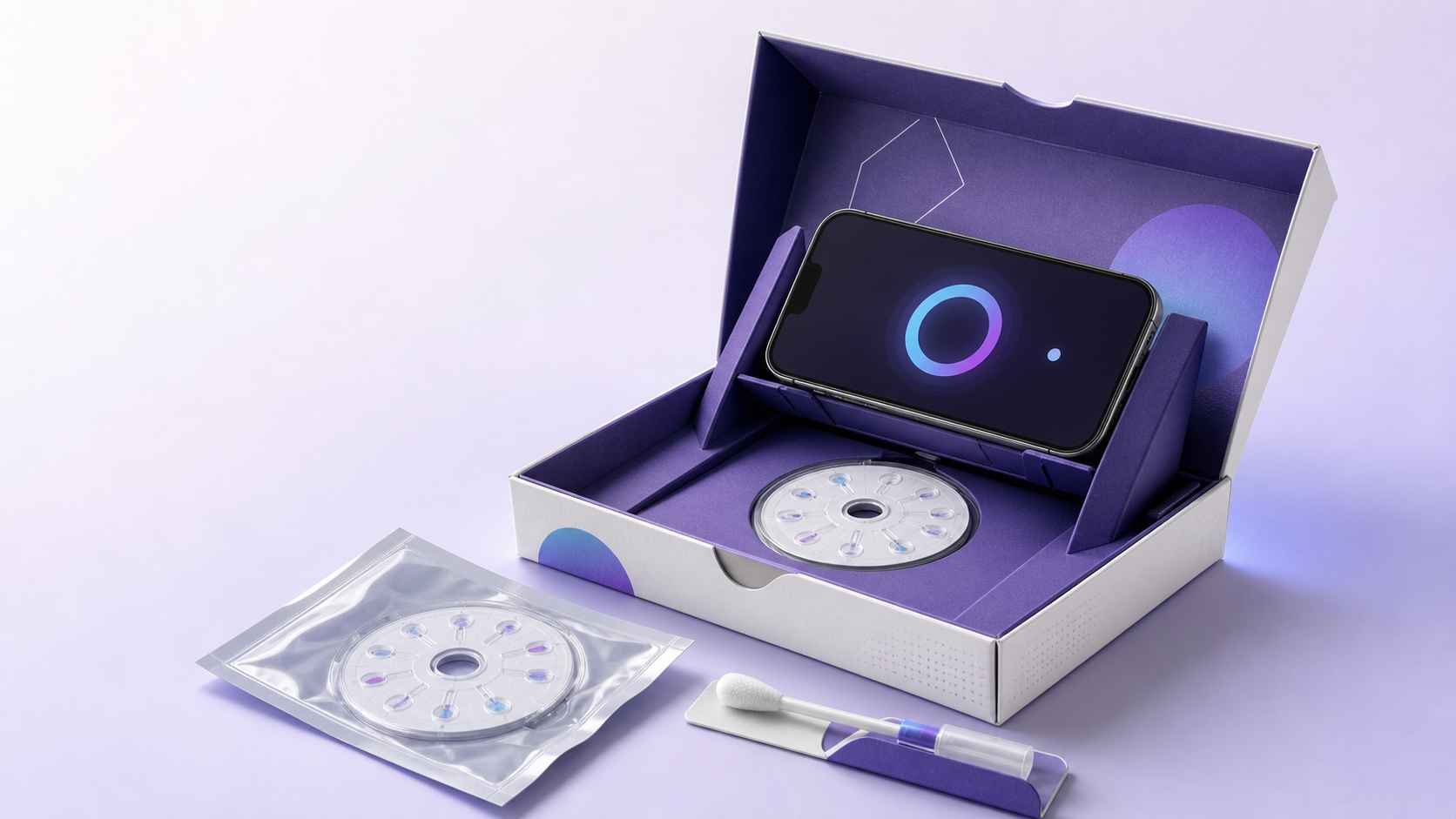 Concept rendering of the CLAIR foldable reader kit with a smartphone, disposable disc cartridge, and oral swab
