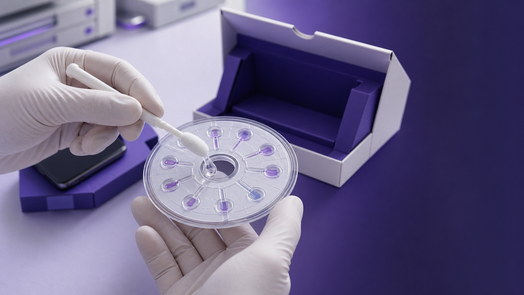 Concept demonstration of an oral swab sample being transferred into a CLAIR centrifugal microfluidic disc