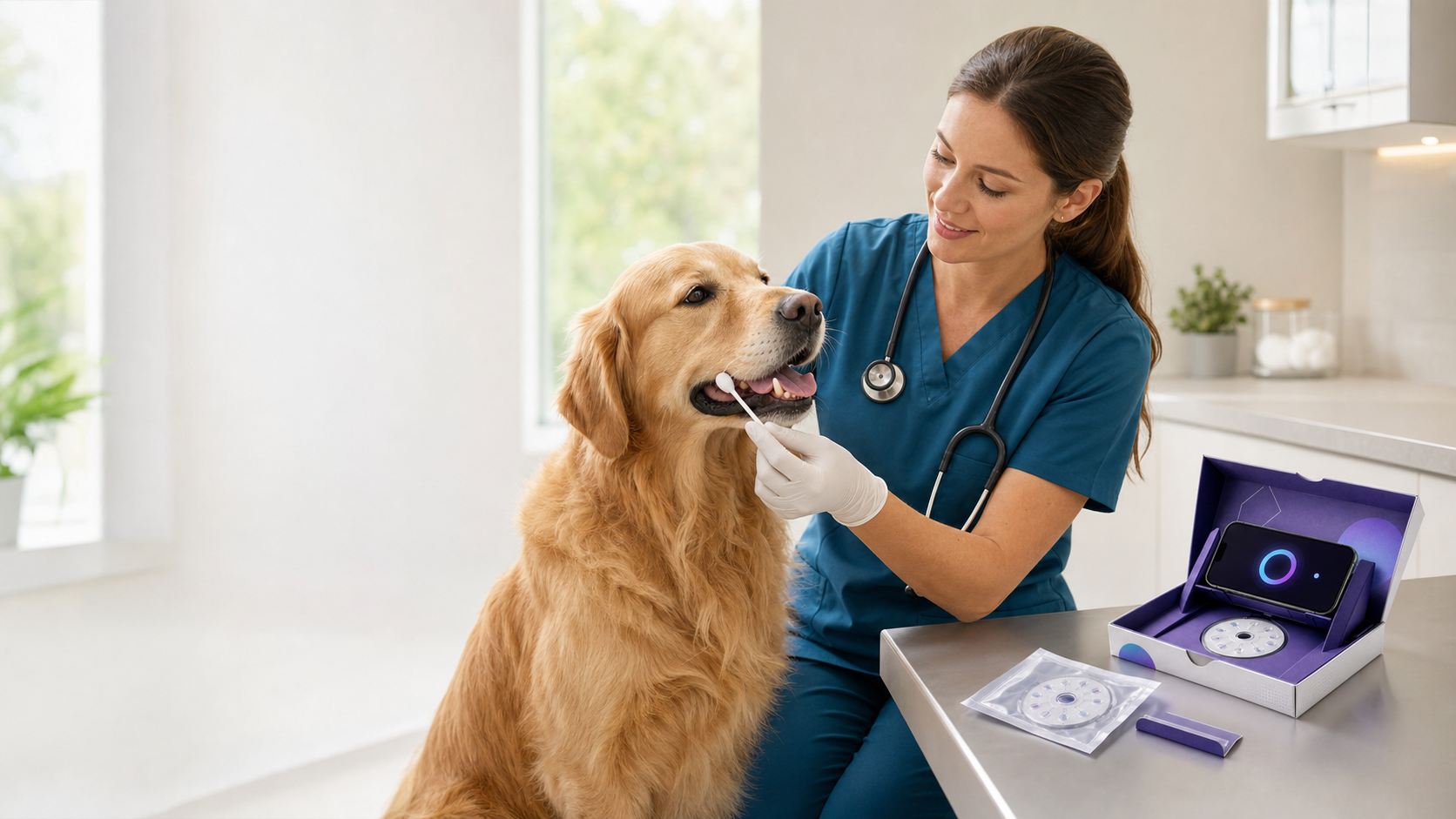 Concept demonstration of a veterinary professional collecting an oral swab beside the CLAIR reader kit