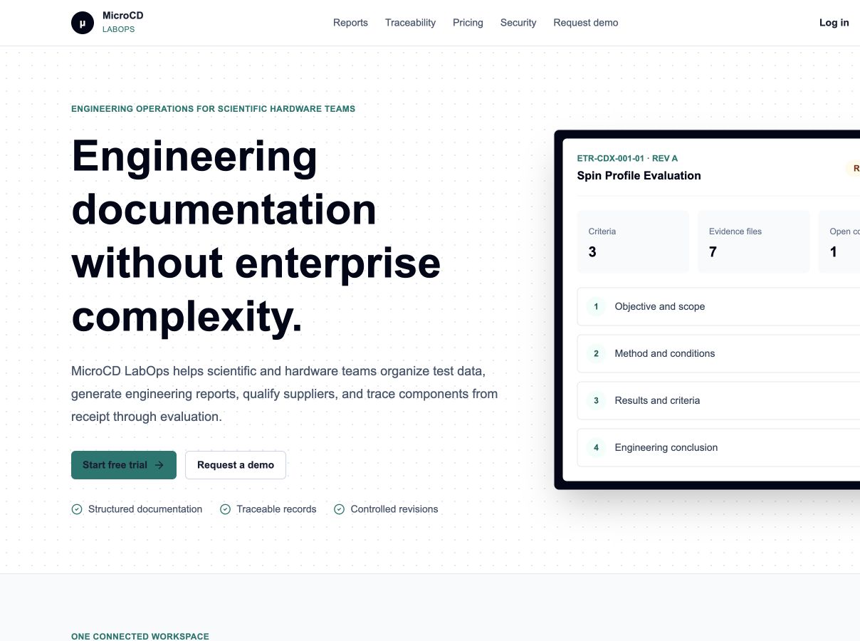 MicroCD LabOps public beta homepage showing engineering documentation and traceability capabilities