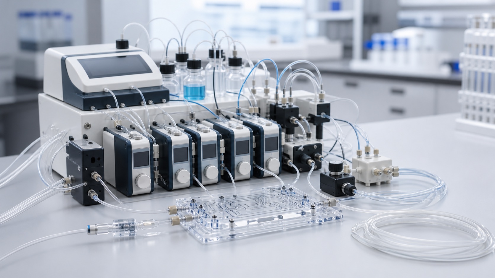 Complex vendor-neutral microfluidic setup with tubing, controllers, valves, and chip connections